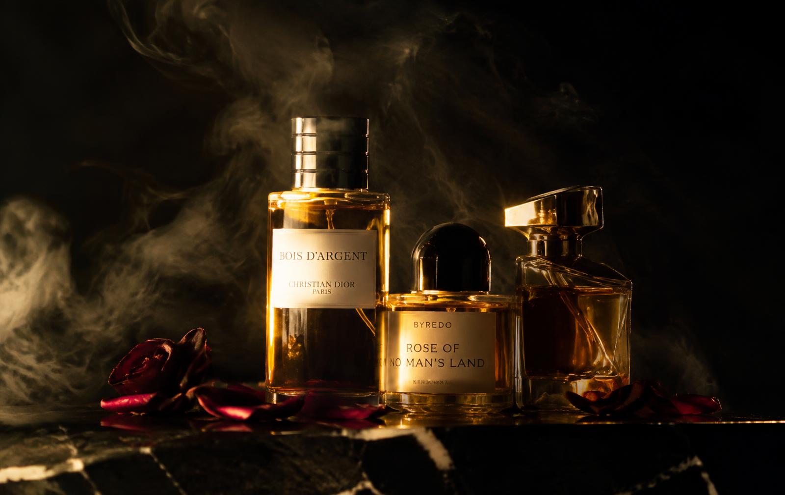 Perfume bottles in golden light